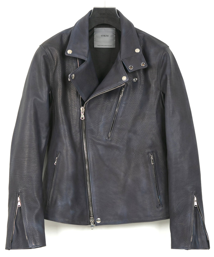 白鞣し × ベジタブルタンニン鞣し カーフ スキン Burning dyed - 燃焼製品染め BIRD MAN ダブルライダースジャケット - JEAN BLACK