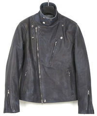 White Tanned × Vegetable Tanned Calf Skin Burning dyed - Product Burning Dyed BIRD MAN Double Riders Jacket - JEAN BLACK