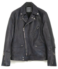 白鞣し × ベジタブルタンニン鞣し カーフ スキン Burning dyed - 燃焼製品染め SPEEDER ダブルライダースジャケット - JEAN BLACK