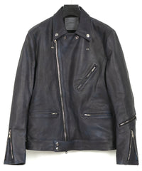 白鞣し × ベジタブルタンニン鞣し カーフ スキン Burning dyed - 燃焼製品染め SPEEDER ダブルライダースジャケット - JEAN BLACK