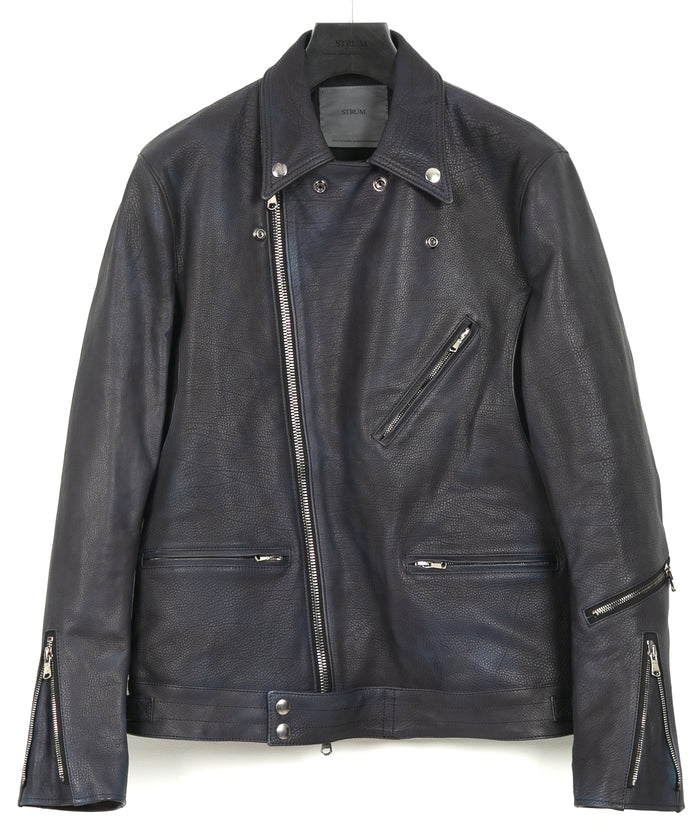 白鞣し × ベジタブルタンニン鞣し カーフ スキン Burning dyed - 燃焼製品染め SPEEDER ダブルライダースジャケット - JEAN BLACK