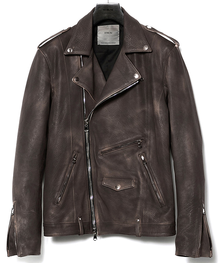 白鞣し × ベジタブルタンニン鞣し カーフ スキン Burning dyed - 製品燃焼染め ROM ダブルライダースジャケット - IRON RUST