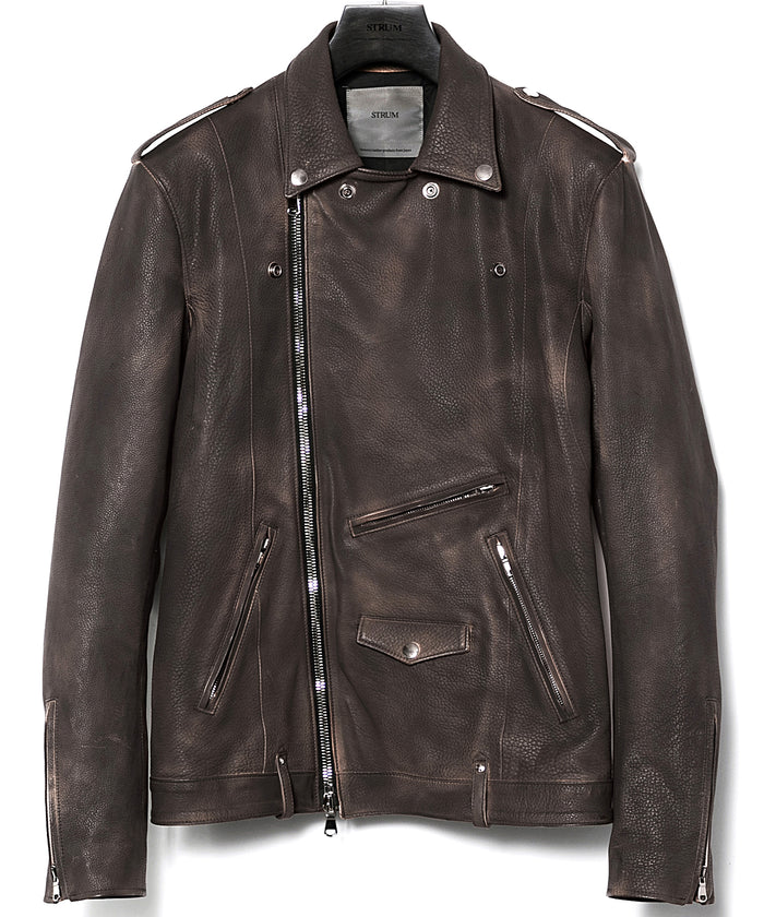 白鞣し × ベジタブルタンニン鞣し カーフ スキン Burning dyed - 製品燃焼染め ROM ダブルライダースジャケット - IRON RUST