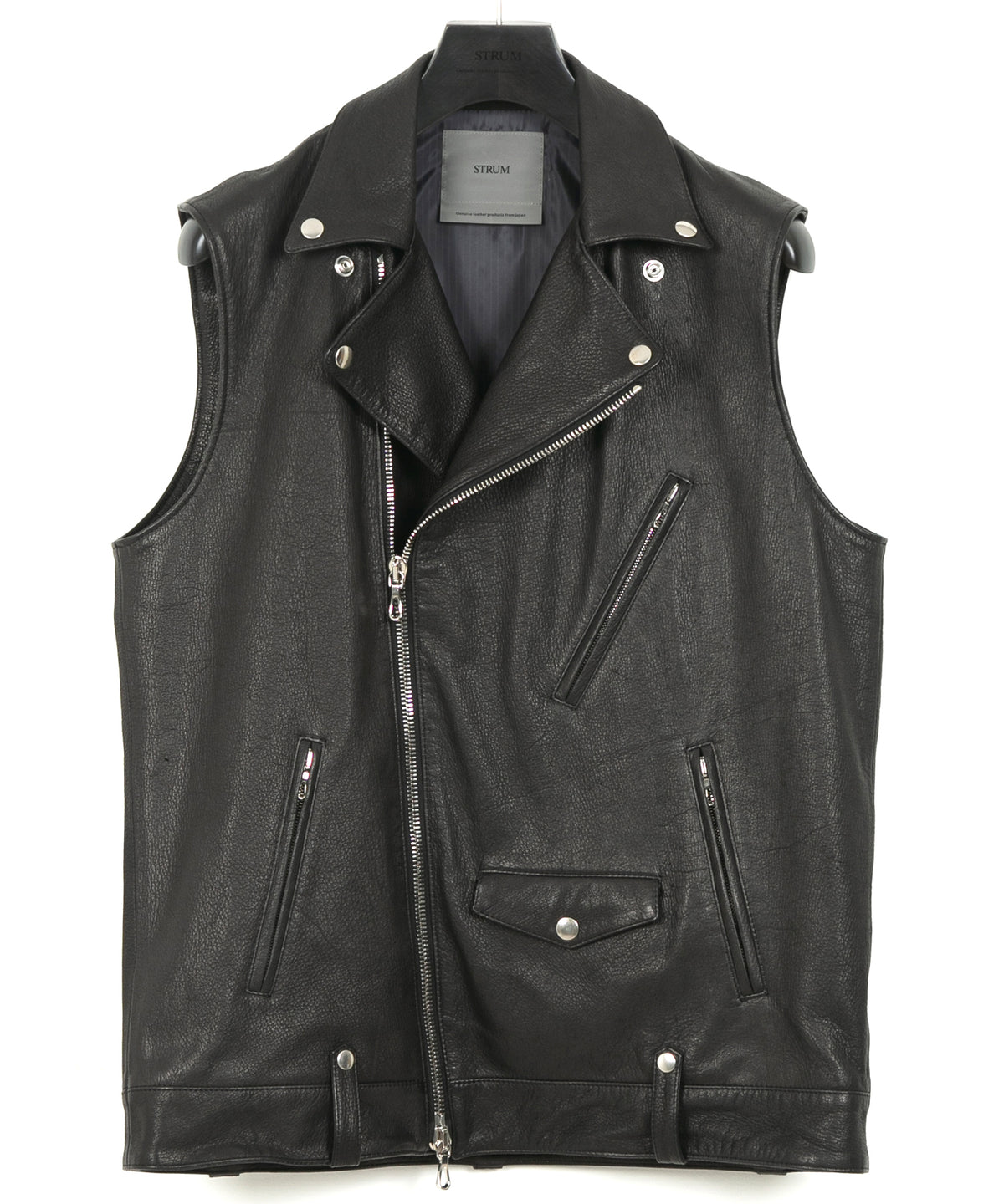 白鞣し × 黒染め ディアスキン RENTON ダブルライダースベスト - BLACK