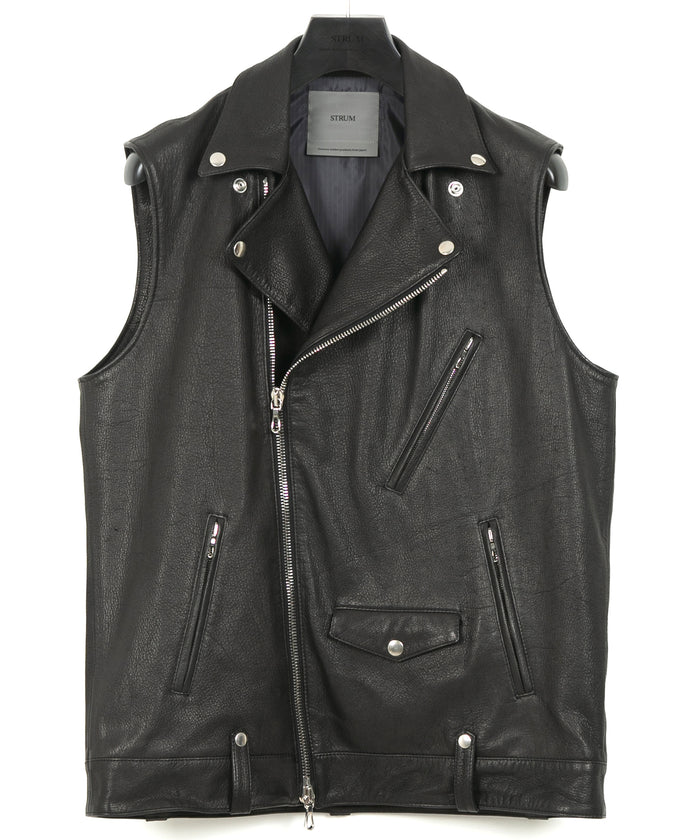 白鞣し × 黒染め ディアスキン RENTON ダブルライダースベスト - BLACK