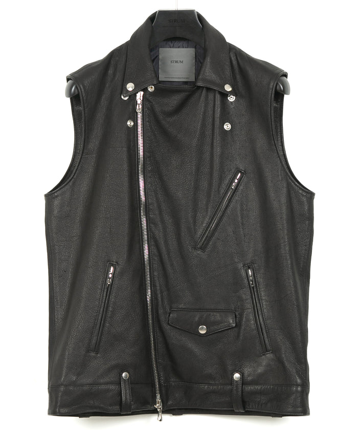 白鞣し × 黒染め ディアスキン RENTON ダブルライダースベスト - BLACK