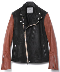 ハイブリッド鞣し イタリアン キャメル ヌバック BIRD MAN ダブルライダースジャケット - BLACK × BROWN