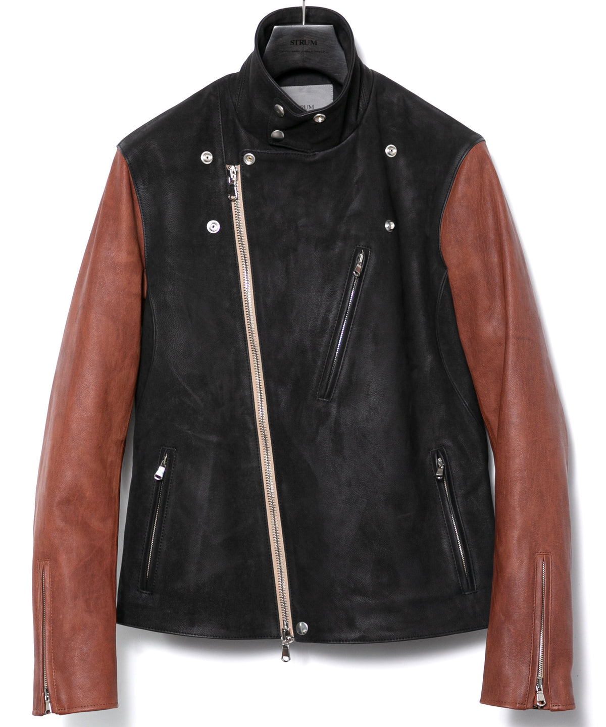 ハイブリッド鞣し イタリアン キャメル ヌバック BIRD MAN ダブルライダースジャケット - BLACK × BROWN