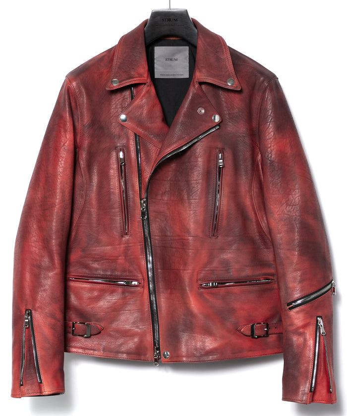 フルベジタブルタンニン鞣し ダブルショルダー Burning dyed - 燃焼製品染め LIST ダブルライダースジャケット - DEEP RUBY
