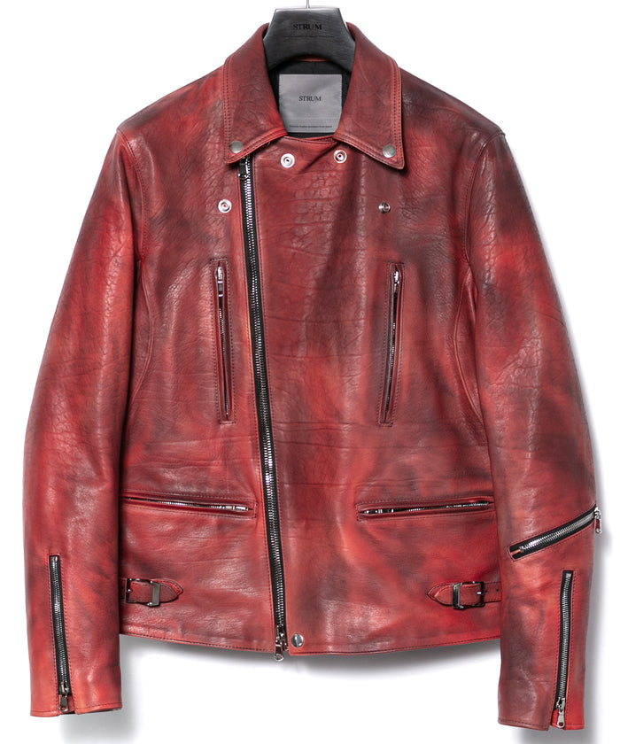 フルベジタブルタンニン鞣し ダブルショルダー Burning dyed - 燃焼製品染め LIST ダブルライダースジャケット - DEEP RUBY