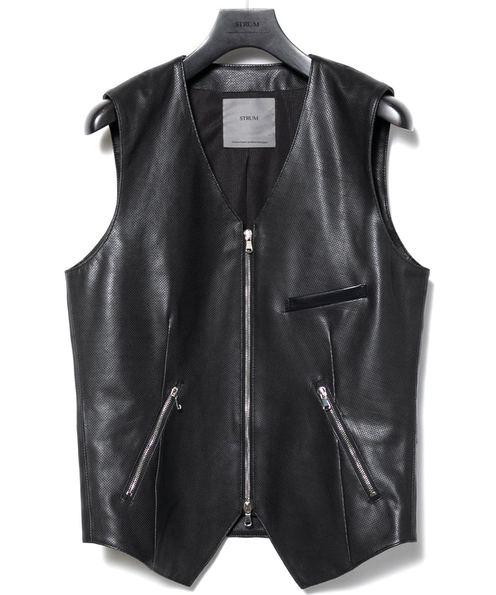 パンチング オイルカーフ BENNY ジップアップベスト - BLACK