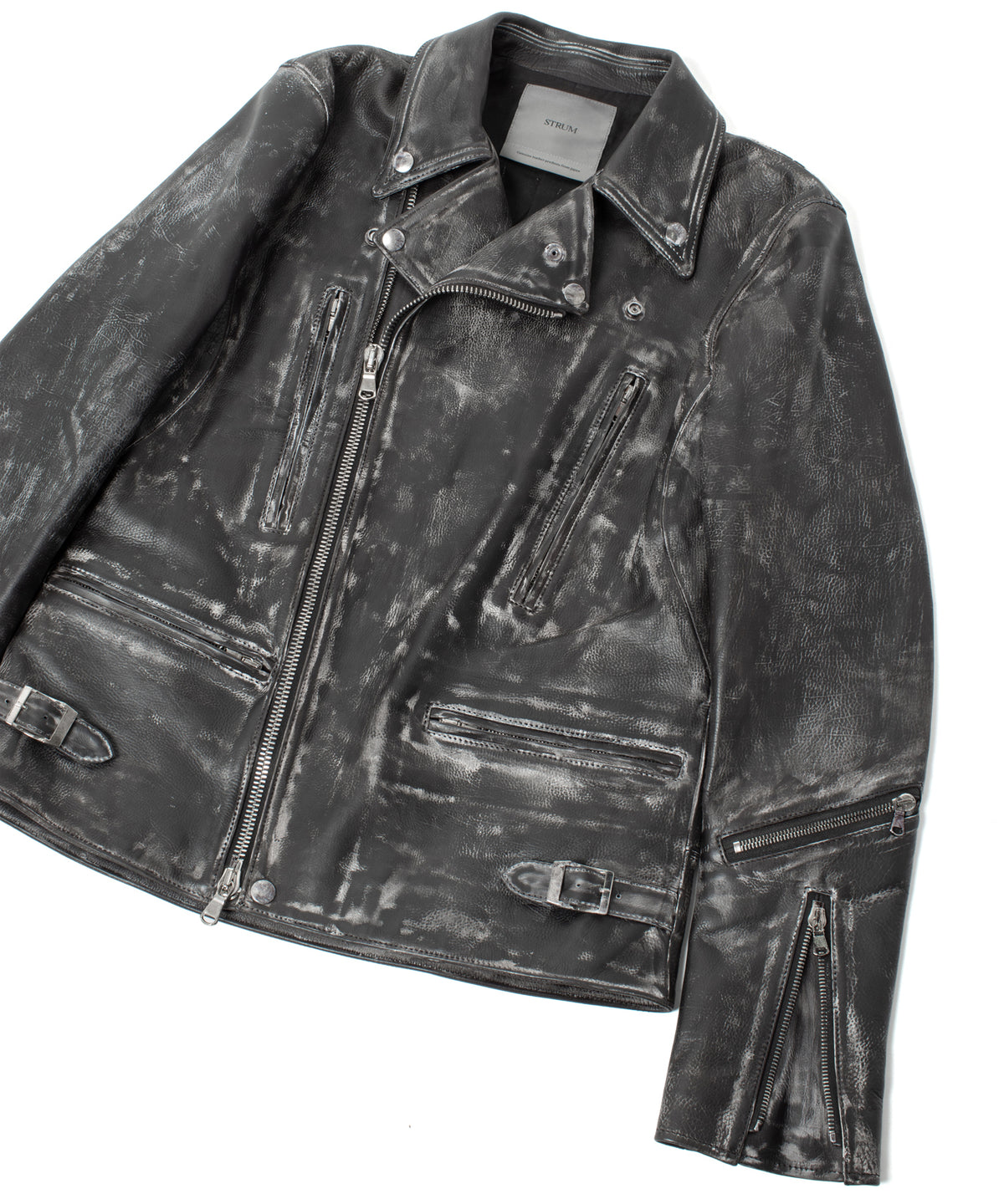 ハイブリッド タンニン鞣し カーフスキン Burning Dyed（燃焼製品染め）LIST ダブルライダースジャケット - BLACK SNOW