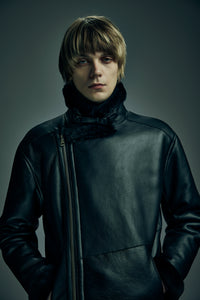 スペイン メリノ ナッパラン仕上げ CHAMBERS B-3 ムートンライダースジャケット - BLACK