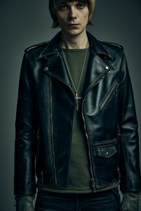 コンビ 鞣し 茶芯 ホースハイド JOEY ダブルライダースジャケット（加工なし） - BLACK