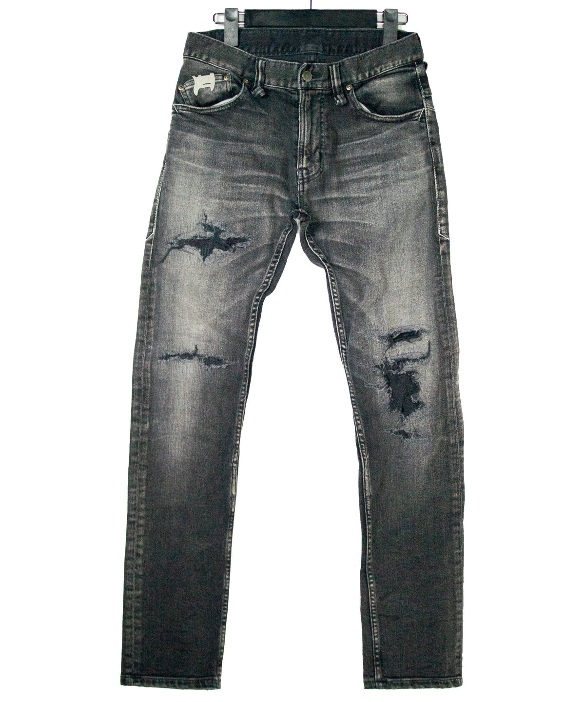 12.5oz Organic Cotton Stretch Denim Tight Straight Jeans USED CRASH & REPAIR PROCESSING - BLACK