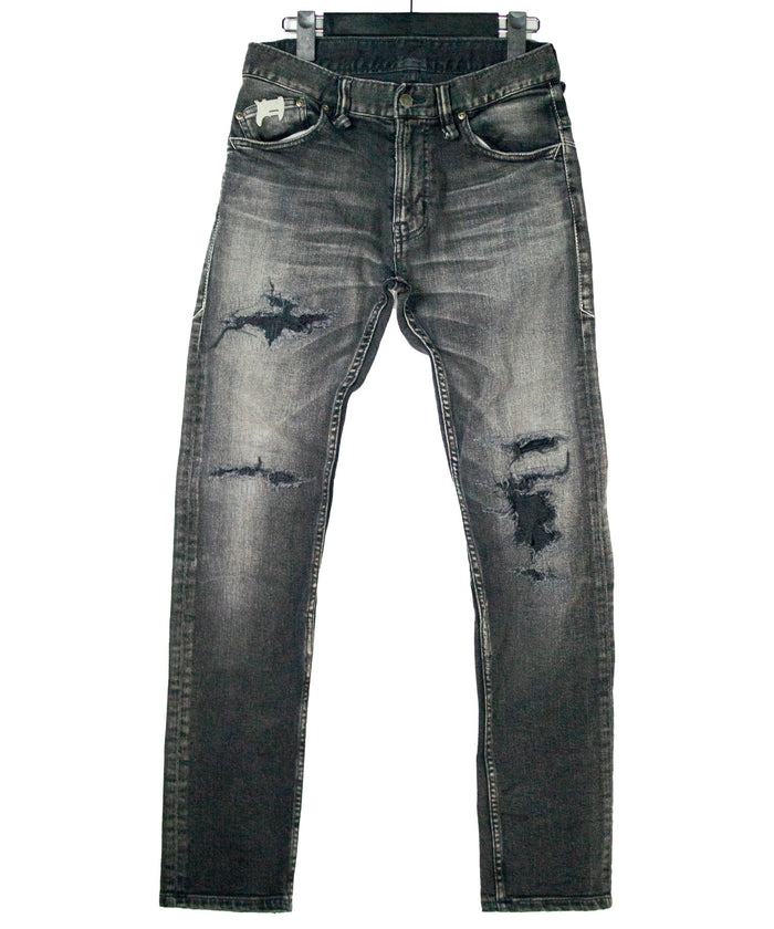 【直営店限定】11oz オーガニックコットン ストレッチデニム タイトストレート TIGHT JOE ユーズドクラッシュ & リペア加工 - BLACK