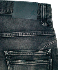 12.5oz Organic Cotton Stretch Denim Tight Straight Jeans USED CRASH & REPAIR PROCESSING - BLACK