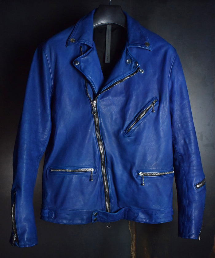 地生フルタンニンステア 製品染め ダブルライダースジャケット - ブルー