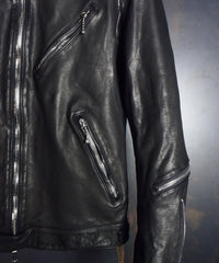 地生フルタンニンステア 製品染め シングルライダースジャケット - ブラック