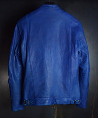 画像をギャラリービューアに読み込む, 地生フルタンニンステア 製品染め シングルライダースジャケット - ブルー