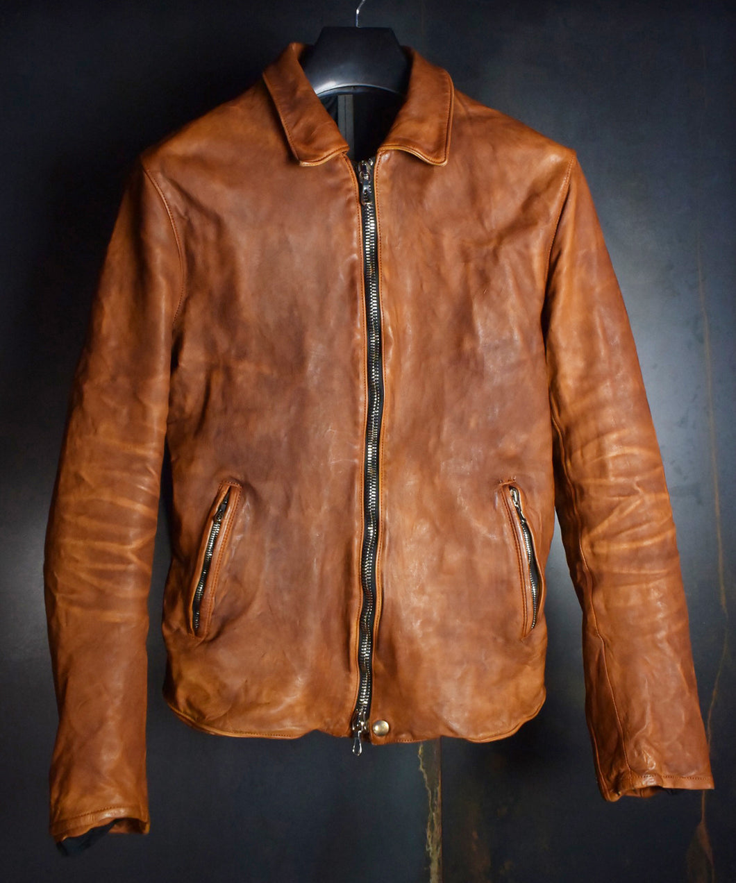 Domestic Vegetable Full Tanned Calf Skin Garment Dyed Single Riders Jacket / Brown