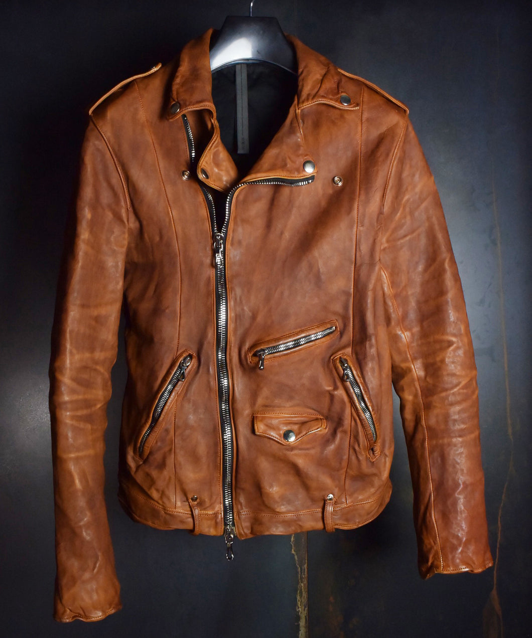 Domestic Vegetable Full Tanned Calf Skin Garment Dyed Double Riders Jacket / Brown