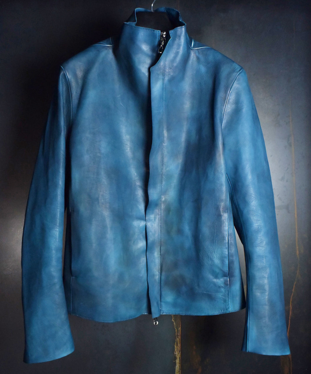 [Burning Dyed] Domestic Vegetable Full Tanned Calf Skin Stand Collar Jacket / Blue Green