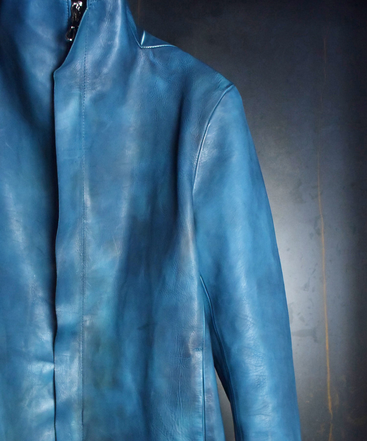 【Burning Dyed】地生フルタンニン カーフ スタンドカラージャケット - ブルーグリーン