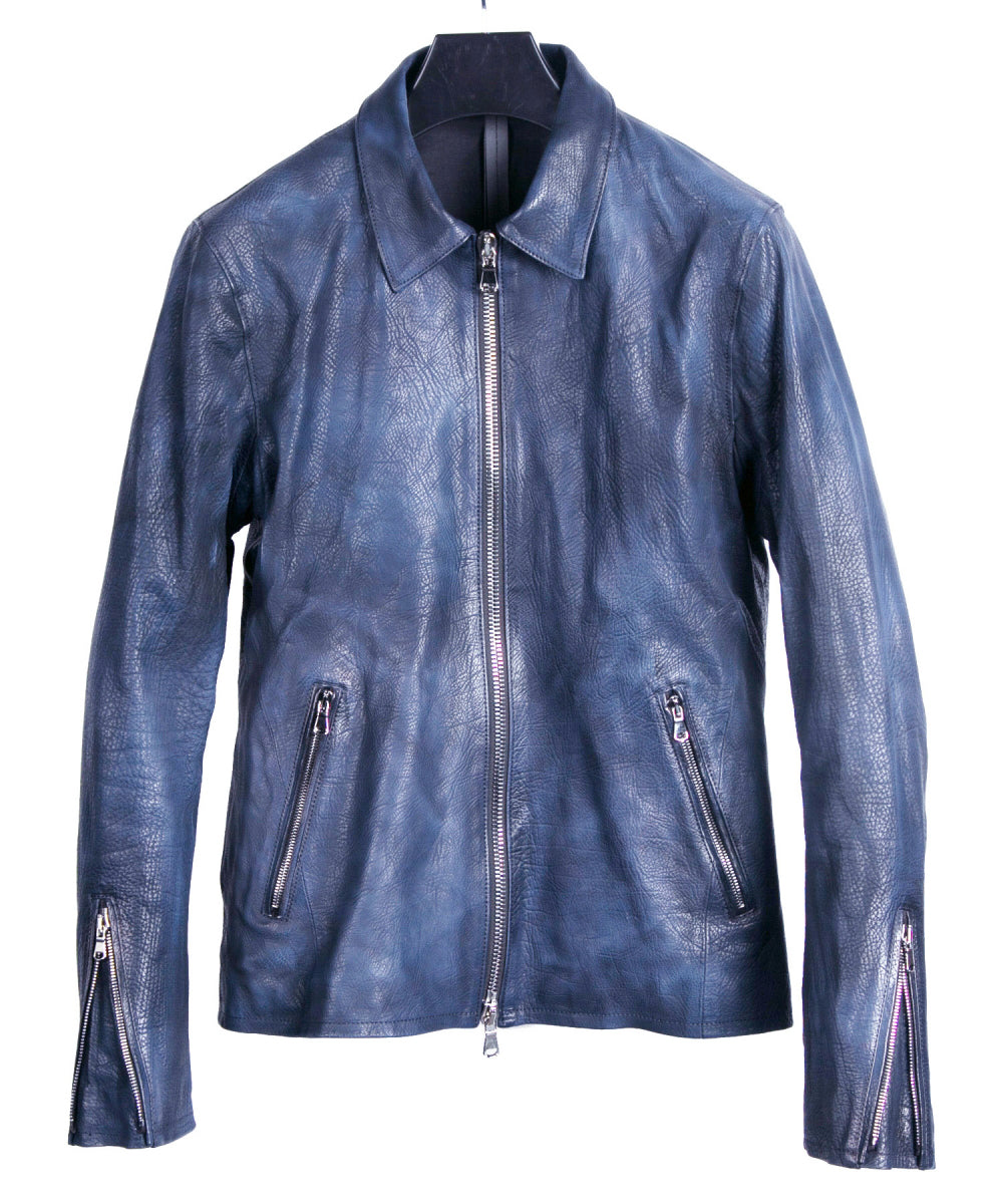 【Burning dyed】地生フルタンニン カーフシュリンク VINCENTS シングルライダースジャケット - GUN BLUE