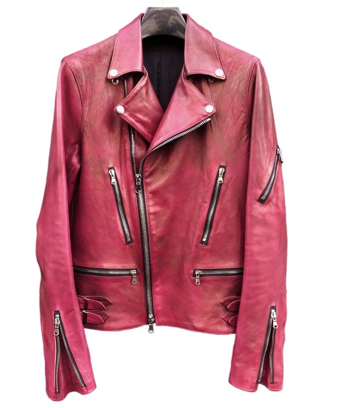 【Burning dyed】地生フルタンニン カーフ ダブルライダースジャケット - RED