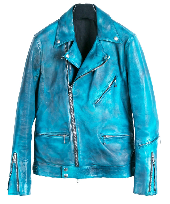 【Burning dyed】地生フルタンニン カーフ "SPEEDER" ダブルライダースジャケット - BLUE GREEN