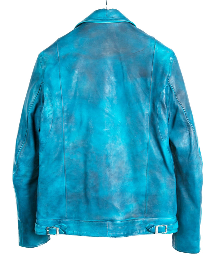 【Burning dyed】地生フルタンニン カーフ "SPEEDER" ダブルライダースジャケット - BLUE GREEN