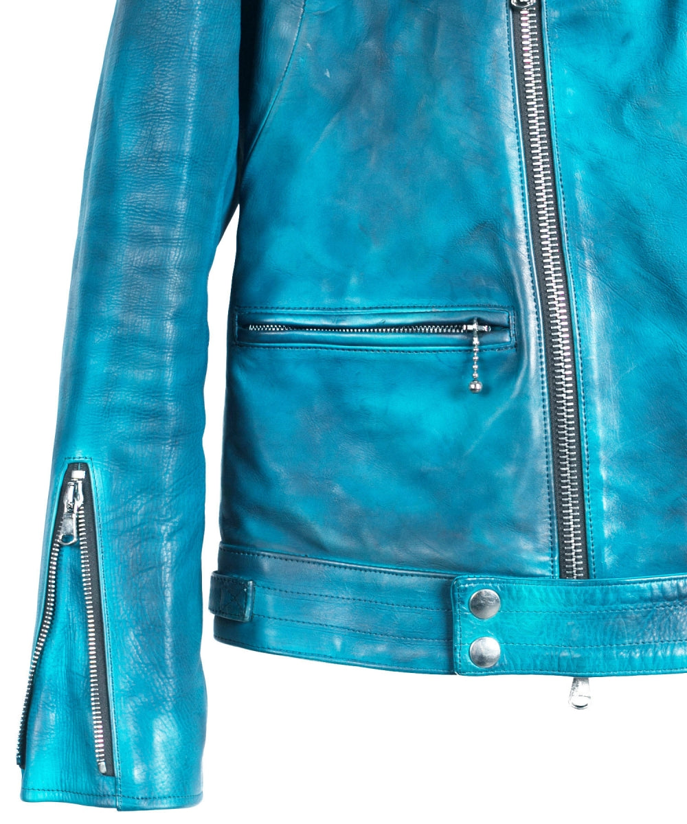 【Burning dyed】地生フルタンニン カーフ "SPEEDER" ダブルライダースジャケット - BLUE GREEN