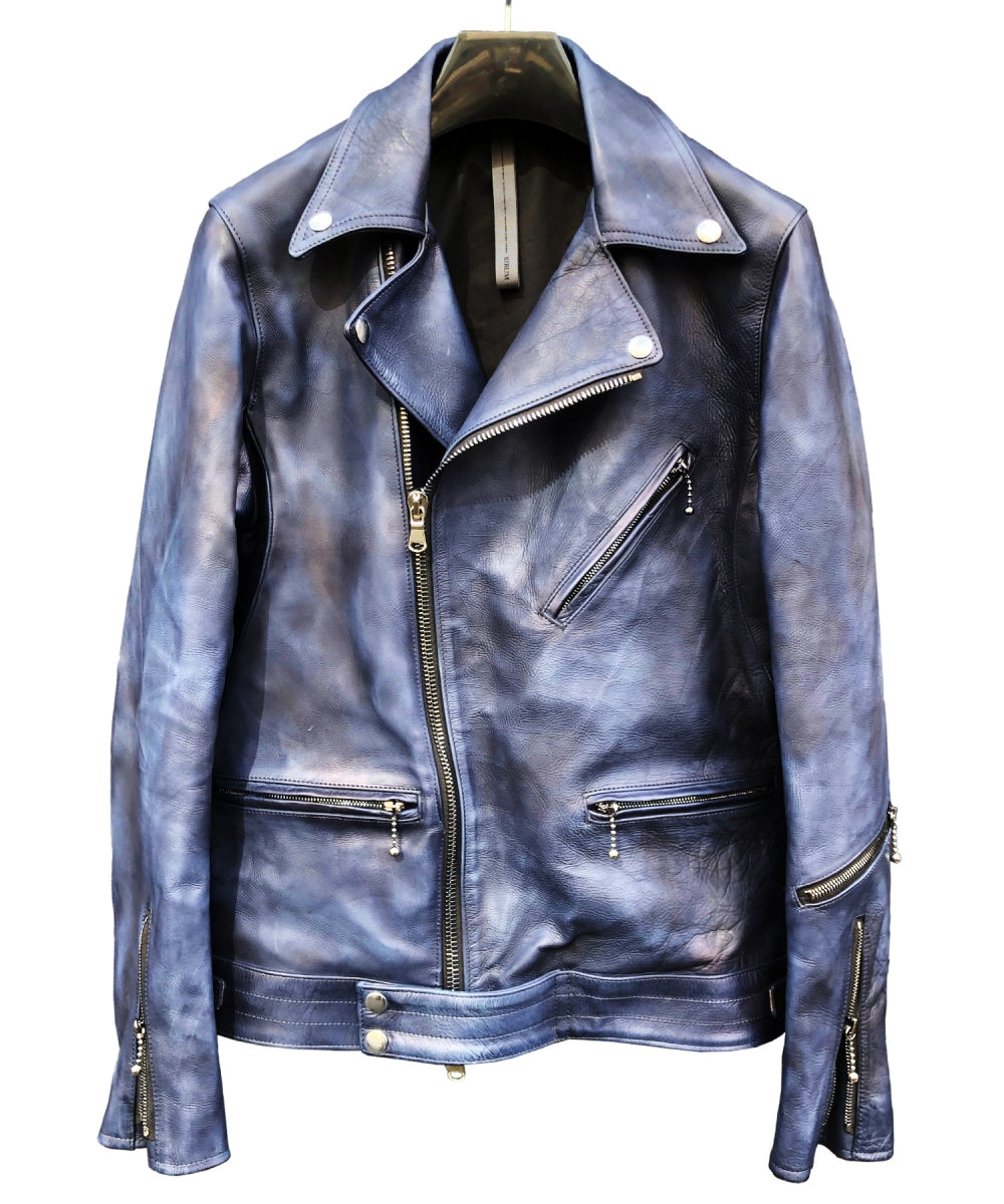 Load image into Gallery viewer, [Burning dyed] Earthen full tannin calf &quot;SPEEDER&quot; double riders jacket / GUN BLUE