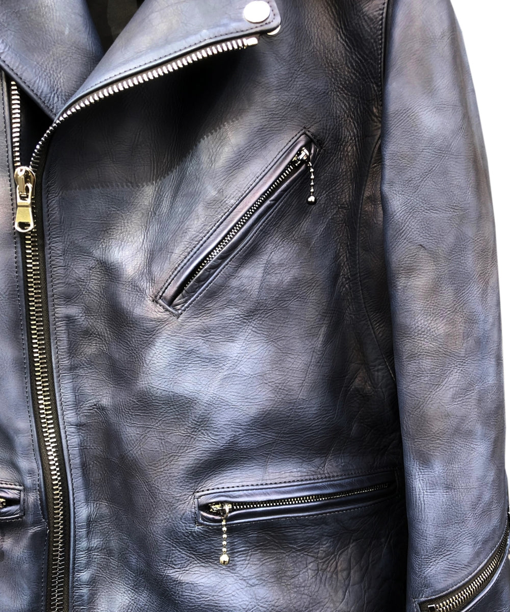 [Burning dyed] Earthen full tannin calf "SPEEDER" double riders jacket / GUN BLUE