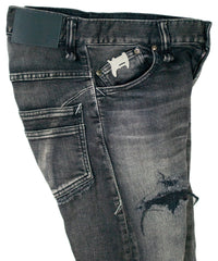 12.5oz Organic Cotton Stretch Denim Tight Straight Jeans USED CRASH & REPAIR PROCESSING - BLACK