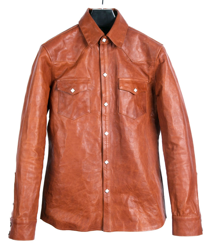 地生フルタンニンカーフ イタリアン OIL/WAX 加工 ウエスタンシャツ - ブラウン