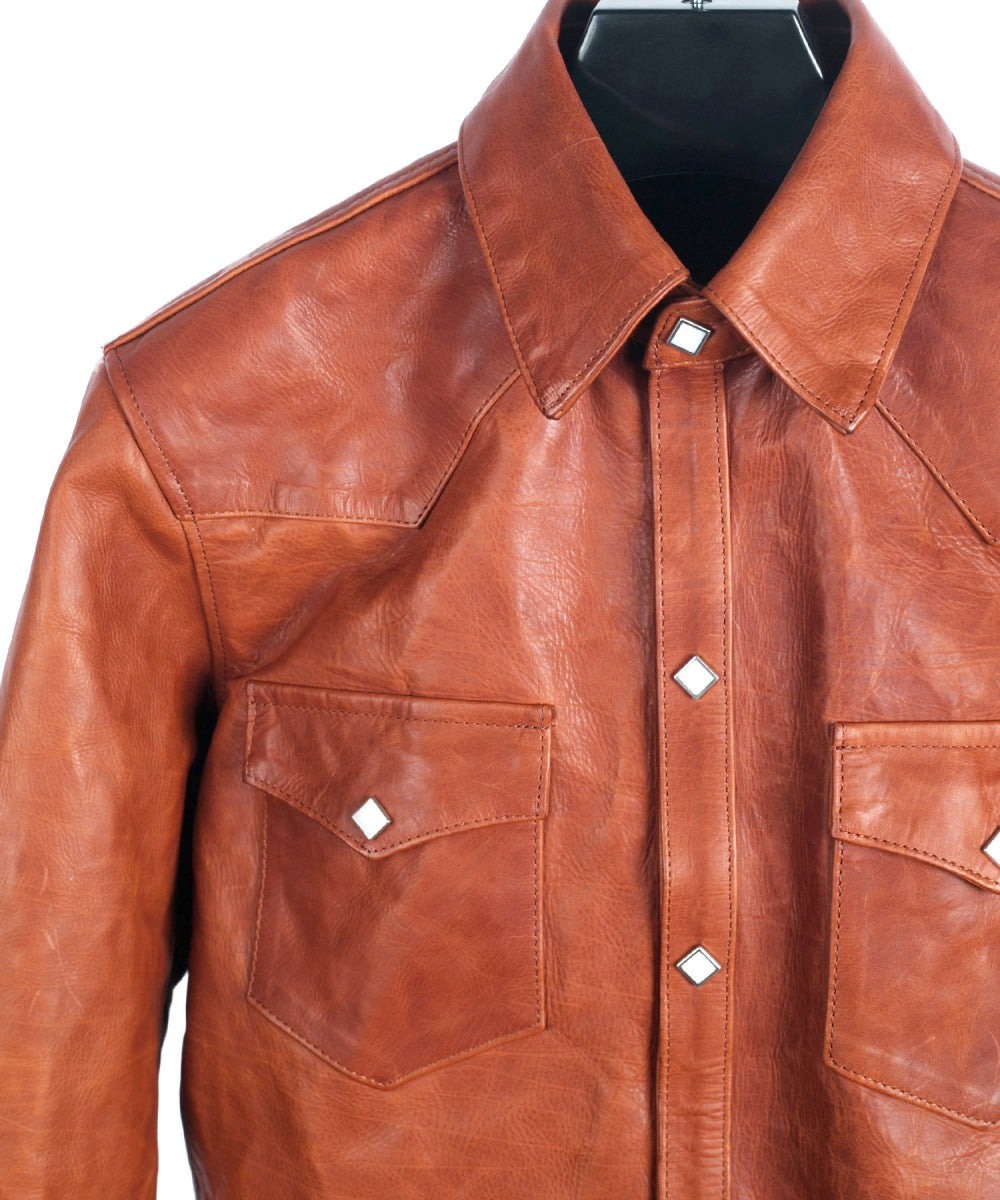 Domestic Vegetable Full Tanned Calf Skin Italian OIL / WAX Processed Western Shirt / Brown