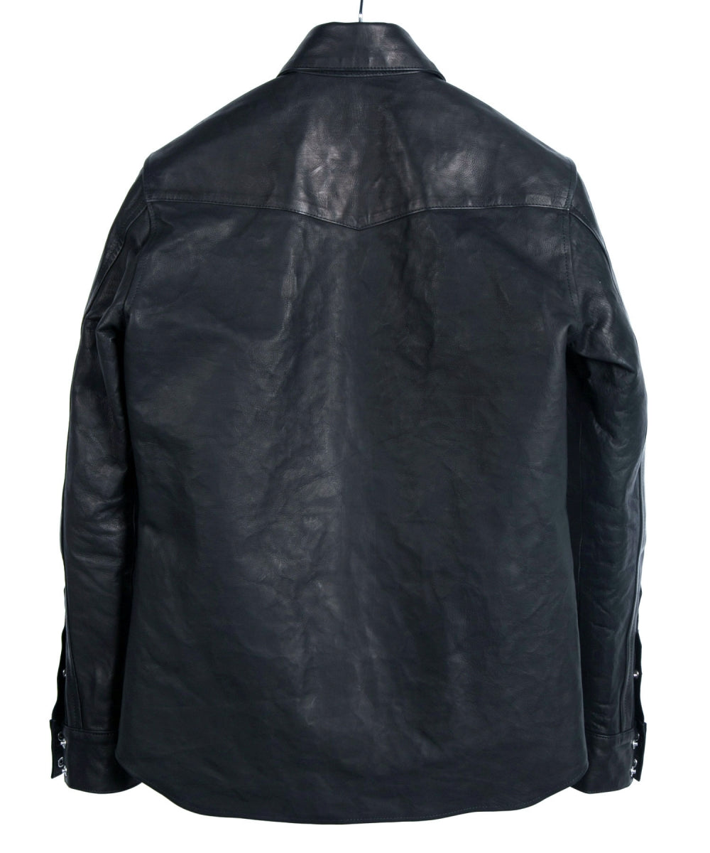 地生フルタンニンカーフ イタリアン OIL/WAX 加工 ウエスタンシャツ - ブラック