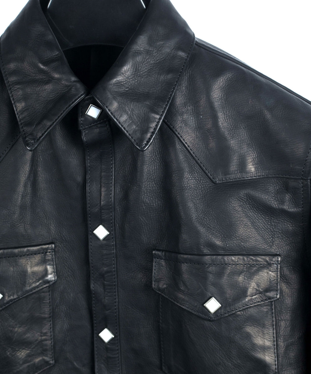 地生フルタンニンカーフ イタリアン OIL/WAX 加工 ウエスタンシャツ - ブラック