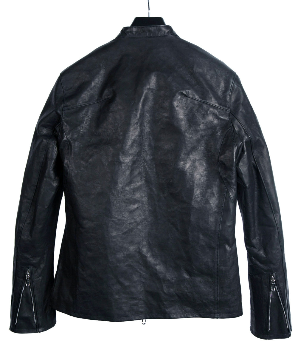 Load image into Gallery viewer, Domestic Vegetable Full Tanned Calf Skin Italian OIL / WAX Processed Single Riders Jacket / Black