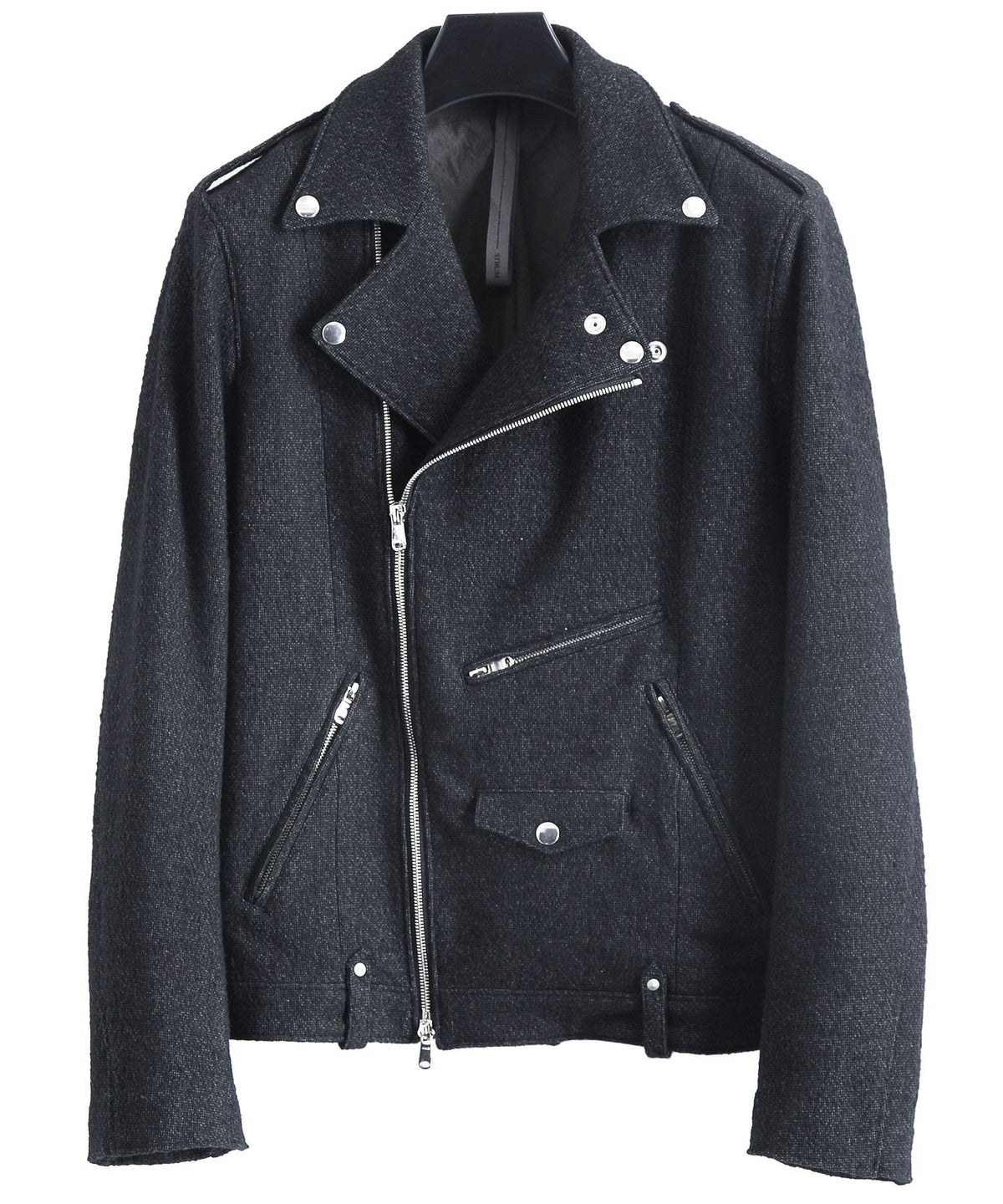 ウールコットン ネップ起毛ストレッチツイード 墨染め ダブルライダースジャケット