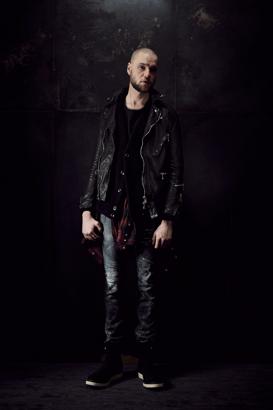 Domestic Vegetable Full Tanned Steer hide Garment Dyed Double Riders Jacket / Black