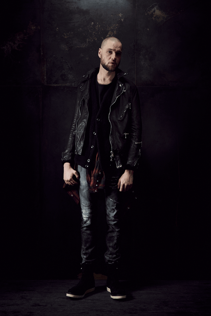 地生フルタンニンステア 製品染め ダブルライダースジャケット - ブラック