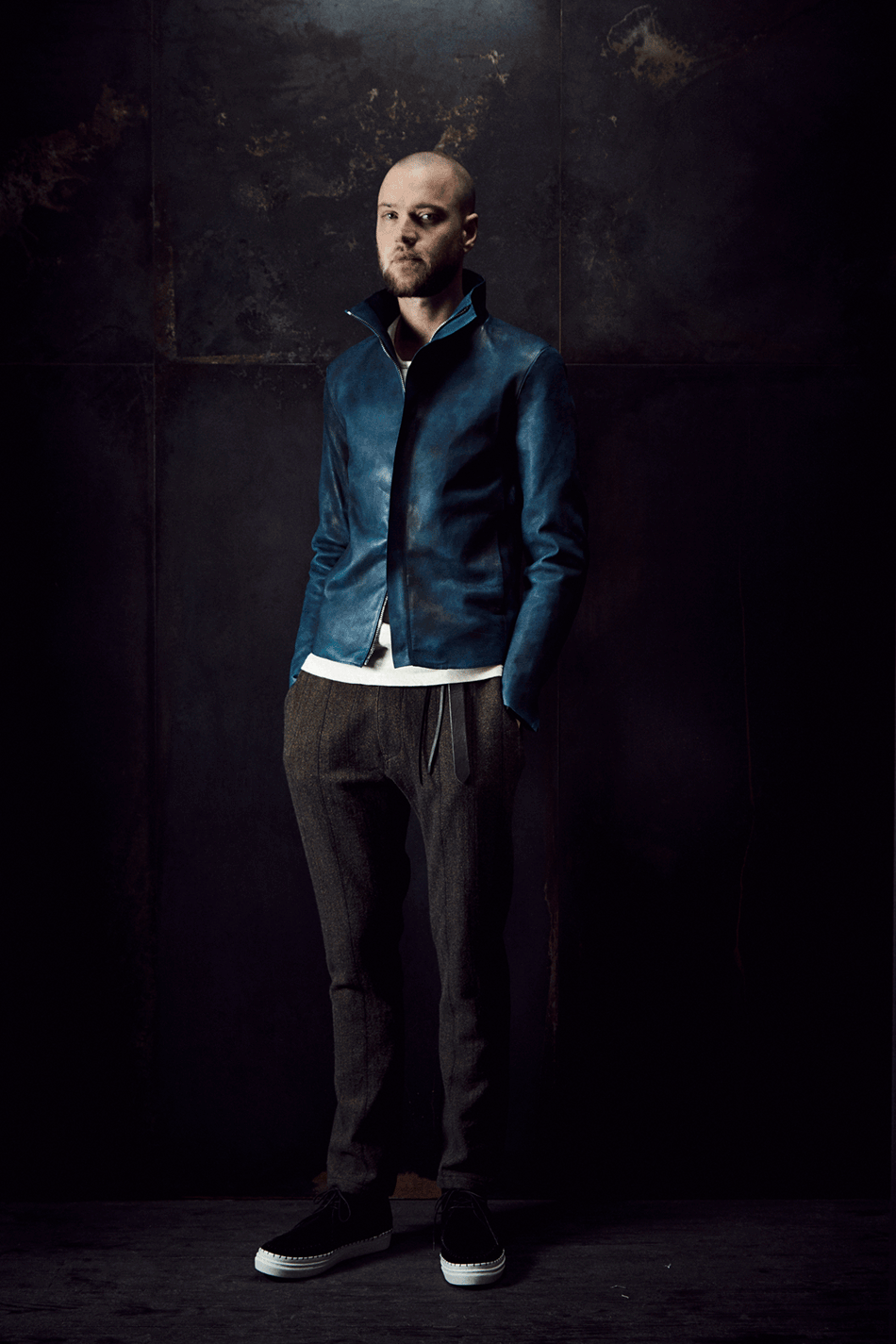 【Burning Dyed】地生フルタンニン カーフ スタンドカラージャケット - ブルーグリーン