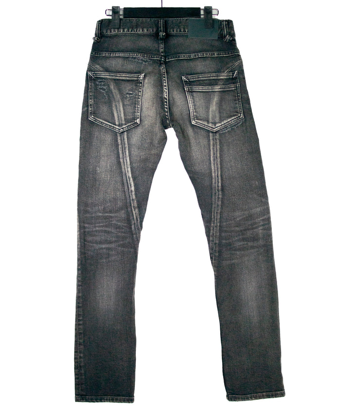 【直営店限定】11oz オーガニックコットン ストレッチデニム タイトストレート TIGHT JOE ユーズドクラッシュ & リペア加工 - BLACK