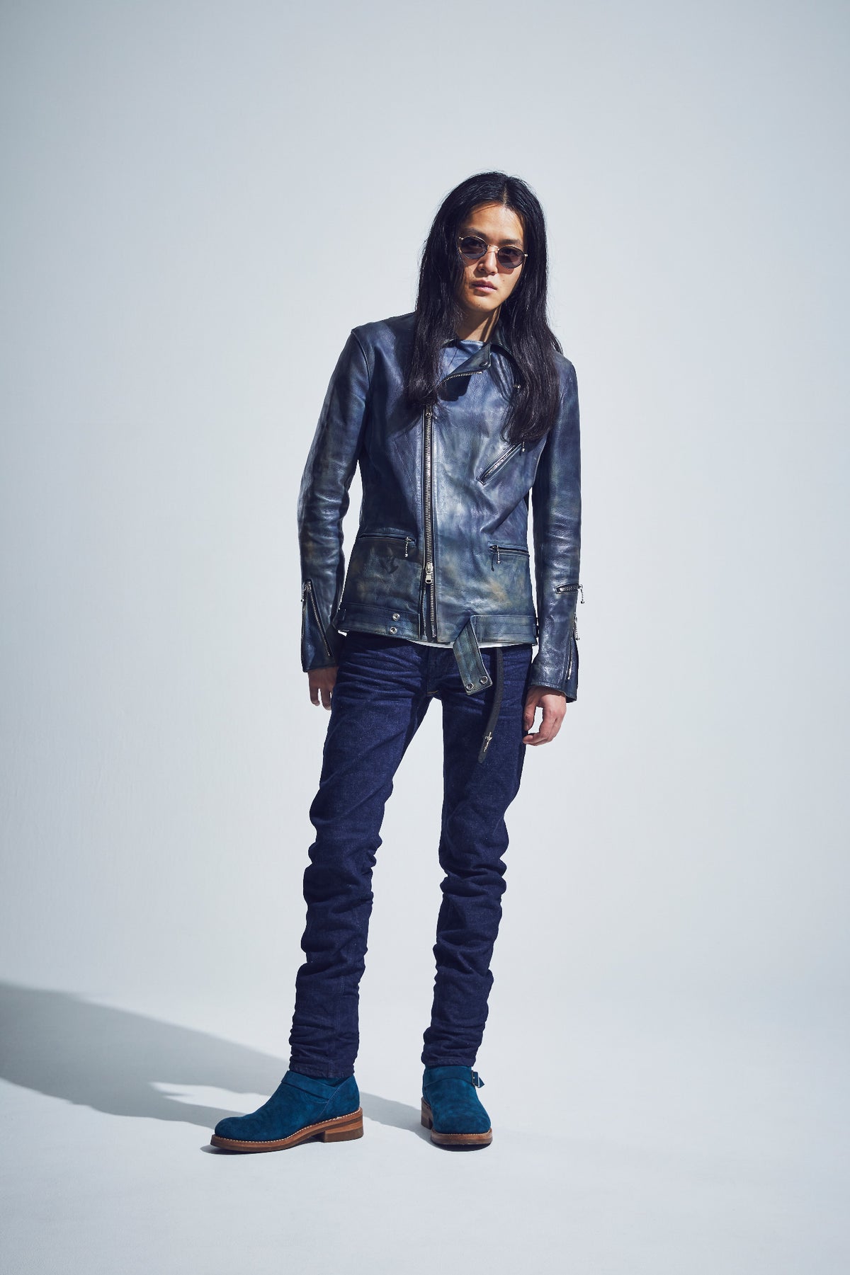 フルタンニン鞣し カーフスキン Burning dyed - 燃焼製品染め SPEEDER ダブルライダースジャケット - GUNBLUE