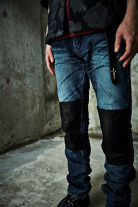 12.5oz Organic Cotton Stretch Denim "TIGHT JOE" Tight Straight Jeans USED PROCESSING & LEATHER W KNEES , POCKET / INDIGO