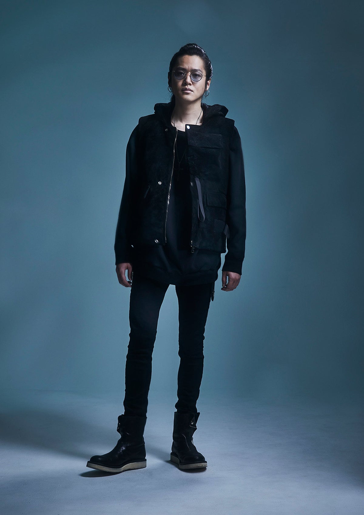 ストレッチコットンポリ ベロア加工ニット トレーナー - BLACK