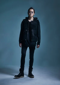 ストレッチコットンポリ ベロア加工ニット トレーナー - BLACK